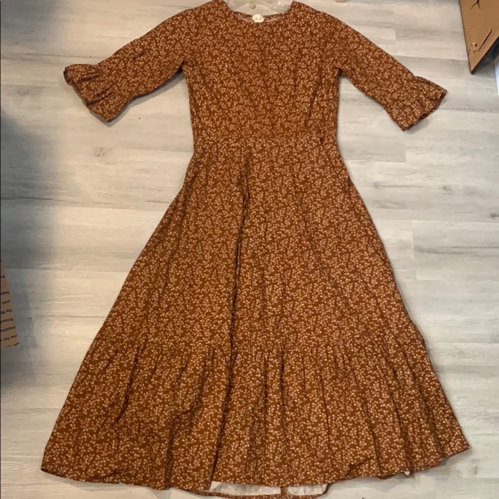 Orange Wrap Midi Dress with Ruffled Cuffed Sleeves, 100% cotton
